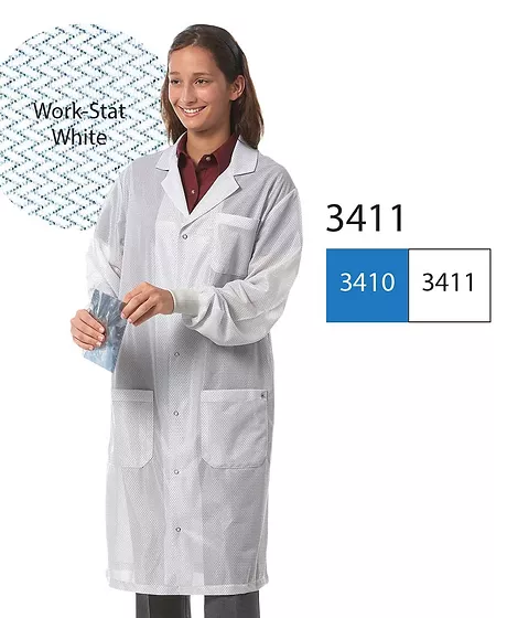Worklon Work-Stat Lapel Collar Lab Jacket ESD Lab Wear-Knit Cuffs in White, Size X-Large
